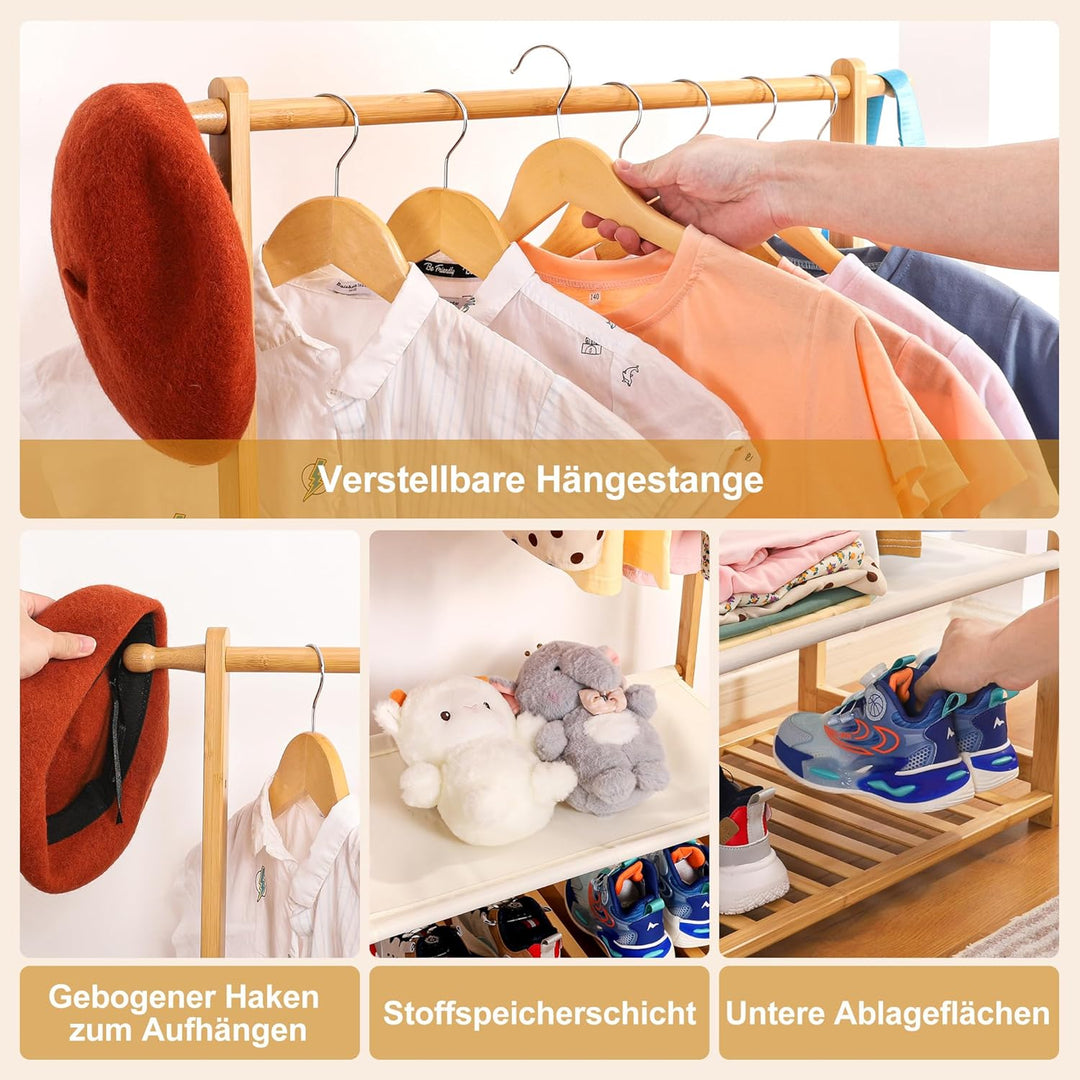 Yorbay Kinder Bambus Kleiderständer mit 2 Aufbewahrungskörben und 2 Verstellbaren Hängestangen, Kind
