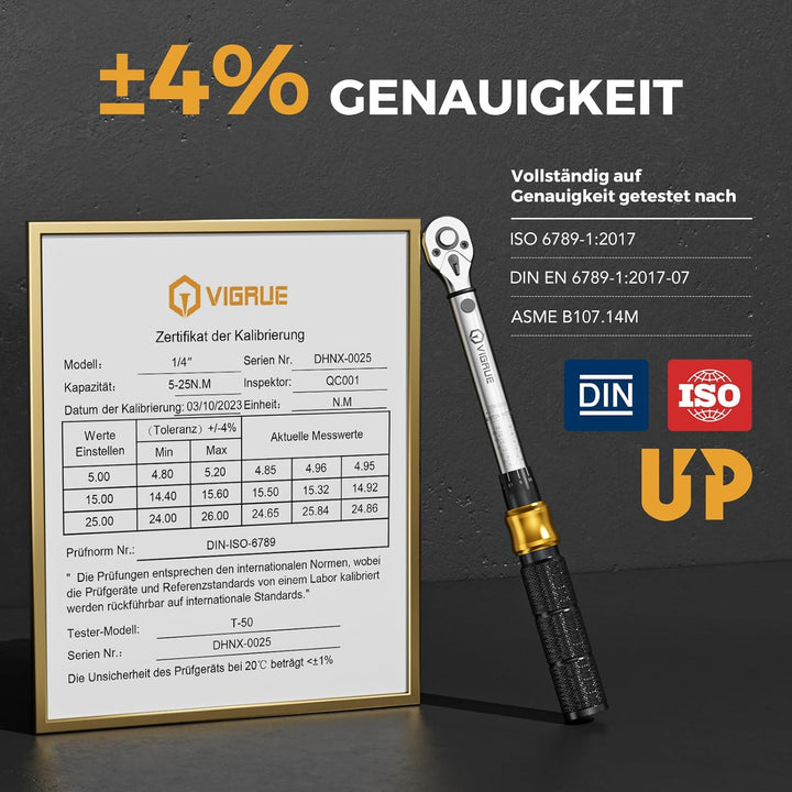 VIGRUE Drehmomentschlüssel 1/4", Drehmomentschlüssel Fahrrad Set 5–25 Nm ±4% Genauigkeit mit Verläng