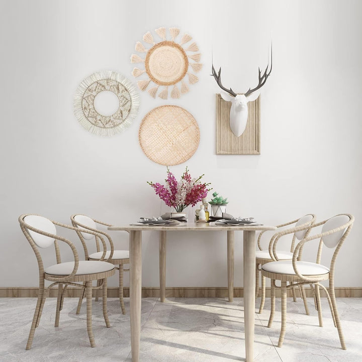 Boho-Wandbehang, flach, rund, gewebt, Makramee-Quasten, weisser Wandteppich, Bambus-Wandkorb, Servie