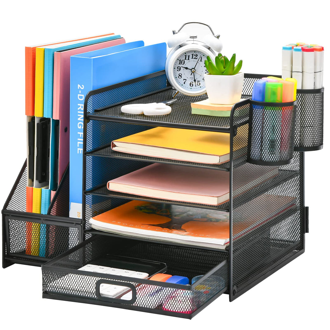 Marbrasse Schreibtisch Organizer mit Aktenhalter, 5 Ebenen Papier Briefablage mit Schublade und 2 St