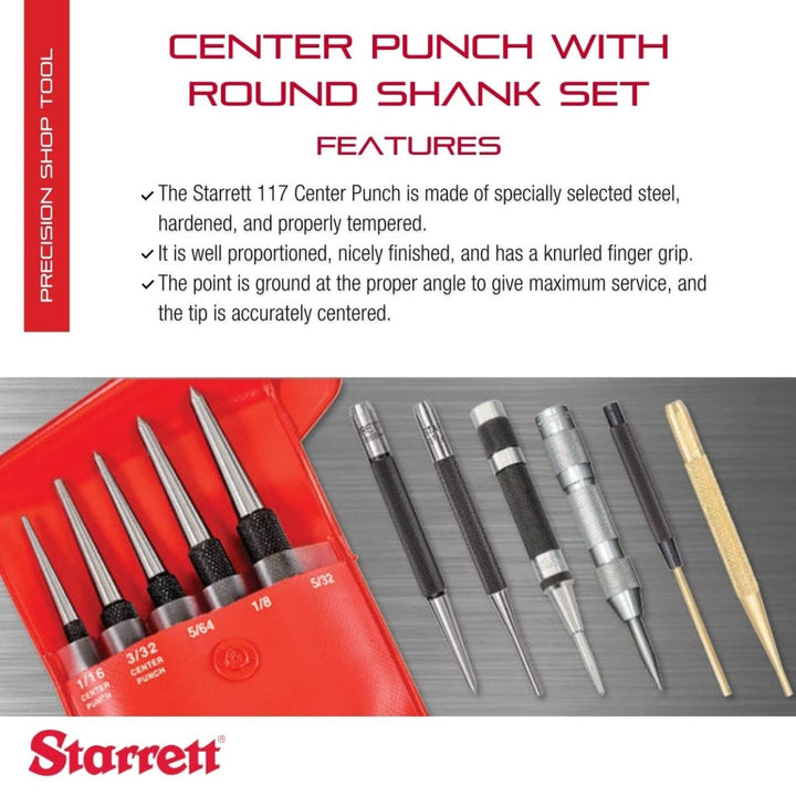 Starrett S117PC Körner Set, 1/16", 5/64", 3/32", 1/8", 5/32" Durchmesser, im Kunststoffkoffer