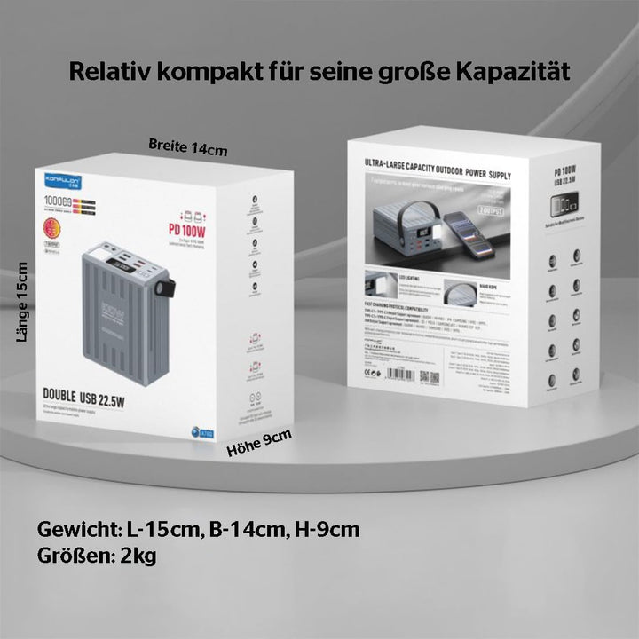 KONFULON Powerbank 100000mAh (370Wh, ca. 350Wh nutzbar) – 100W Schnellladefunktion, USB-C PD & DC-An