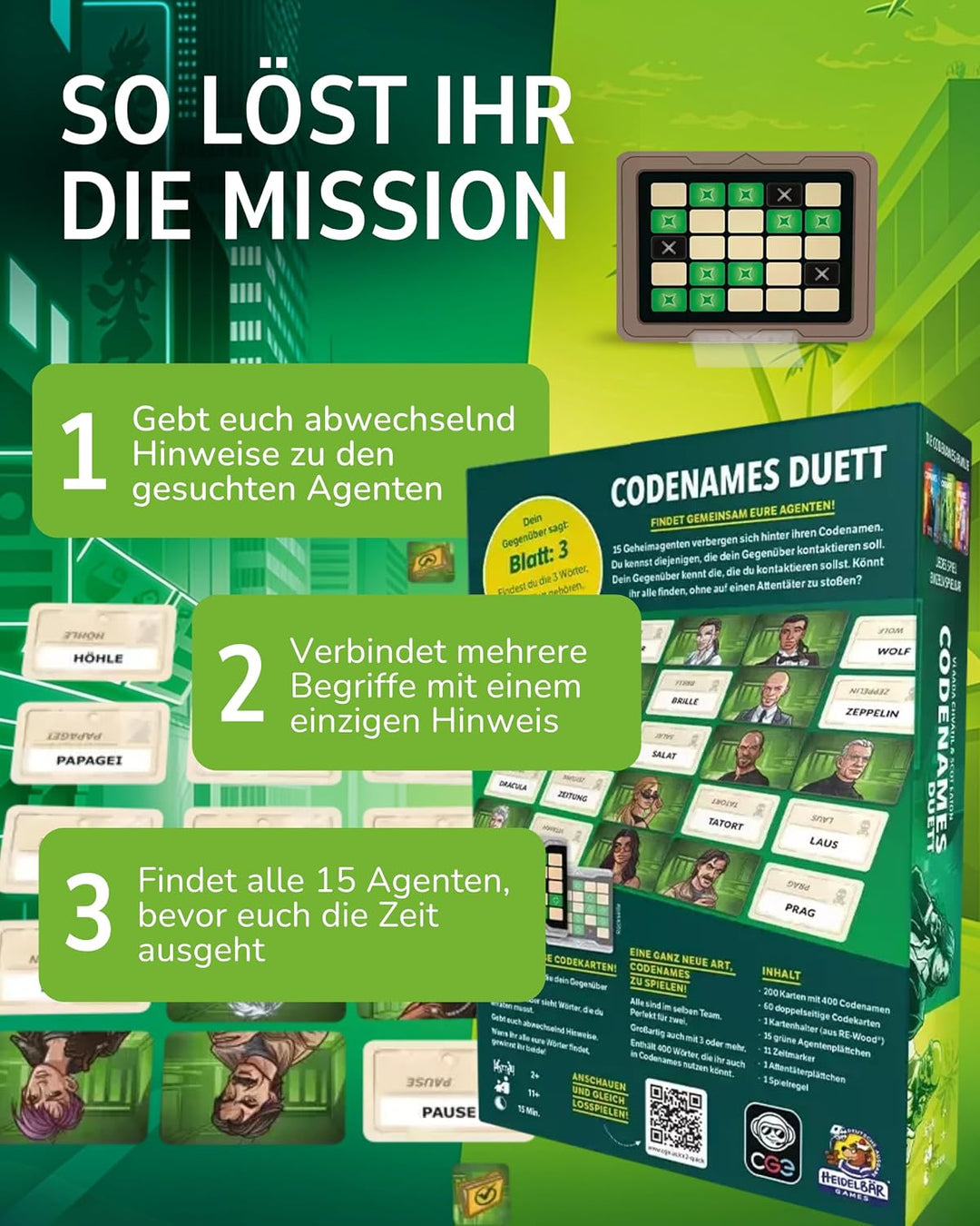 Czech Games Edition CGE Codenames Duett - Kommunikatives Partyspiel mit hohem Wiederspielwert - Spie