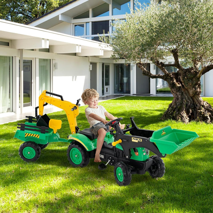 DREAMADE Trettraktor, Kindertraktor mit Anhänger & Schaufel & Frontlader, Kinderbagger Sitzbagger mi