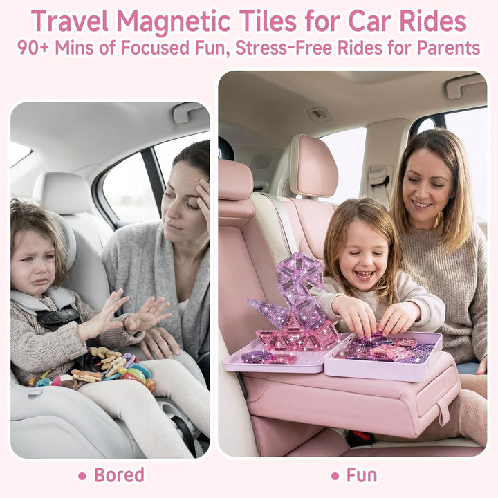 burgkidz Magnetische Bausteine Reisespielzeug für Mädchen: 42 Teile Glitzer Diamant Magnetische Tile