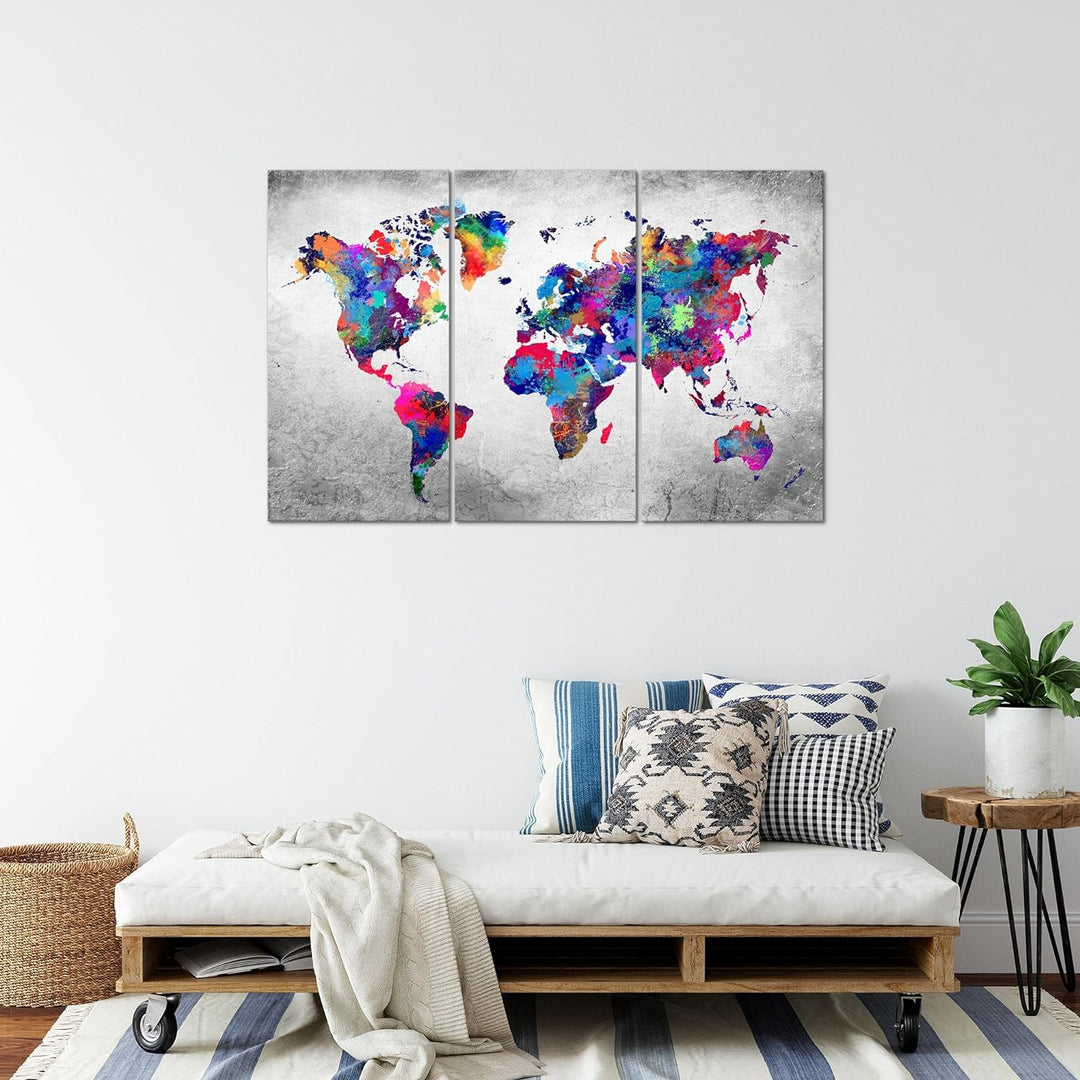 Runa Art Wandbilder Weltkarte Bild XXL Büro Wohnzimmer Bunt Vintage Kontinente 120 x 80 cm 3 Teilig