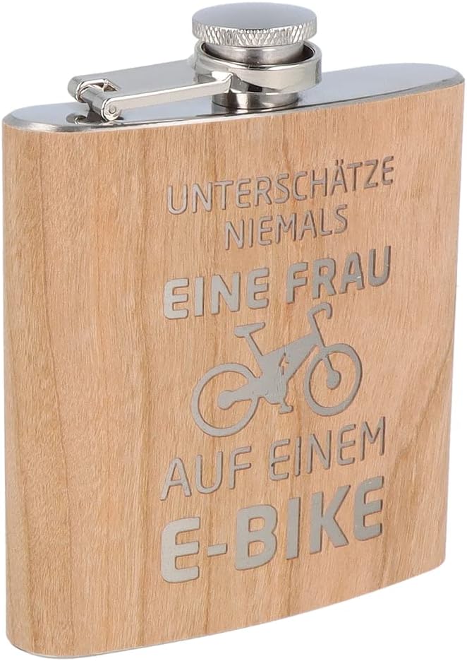 Spruchreif | Gravierter Edelstahl Flachmann | Holz Flachmann mit Gravur E-Bike | Outdoor Geschenk |