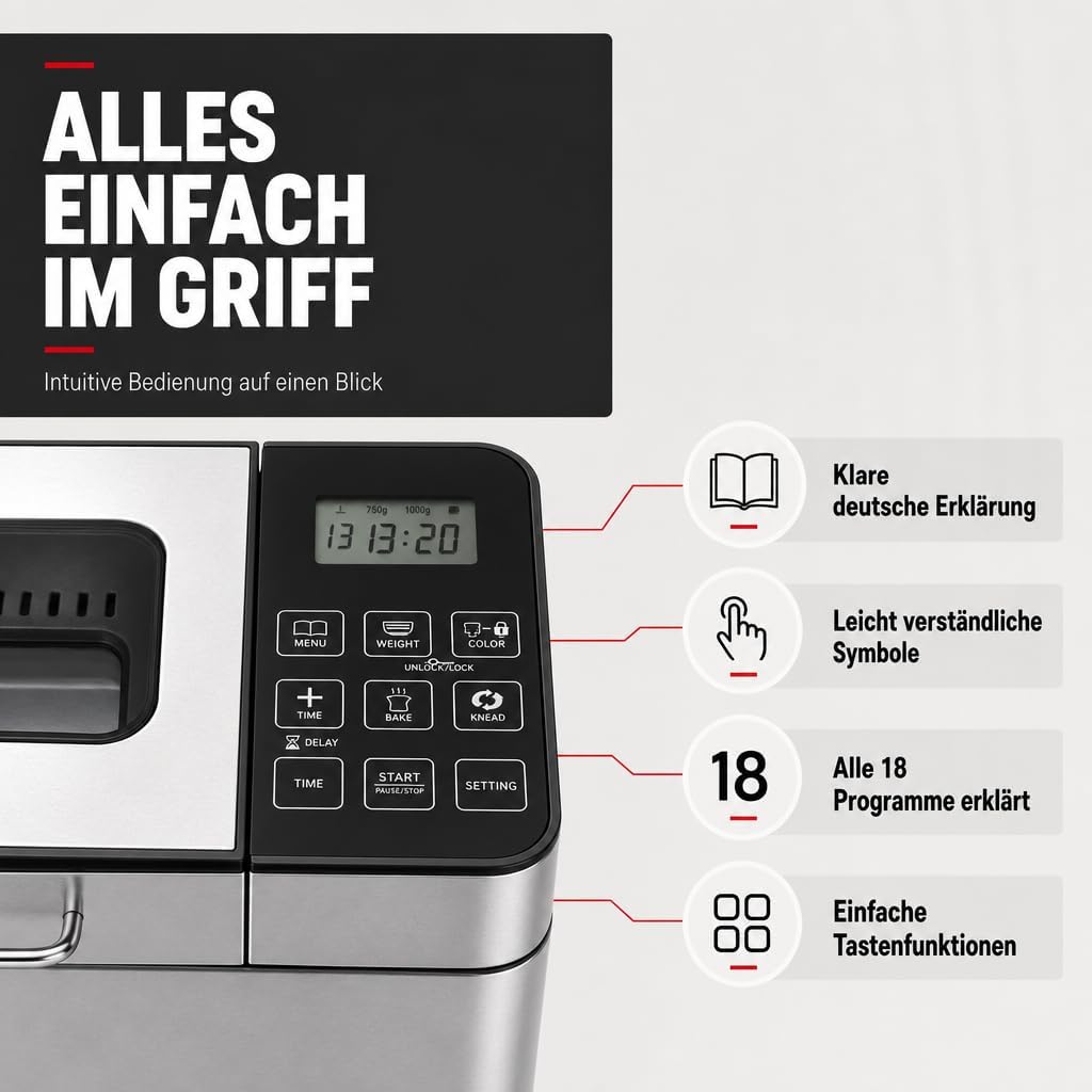 Gastroback 42823 Design Brotbackautomat Advanced, Edelstahl Brotbackmaschine 18 Programme, automatis