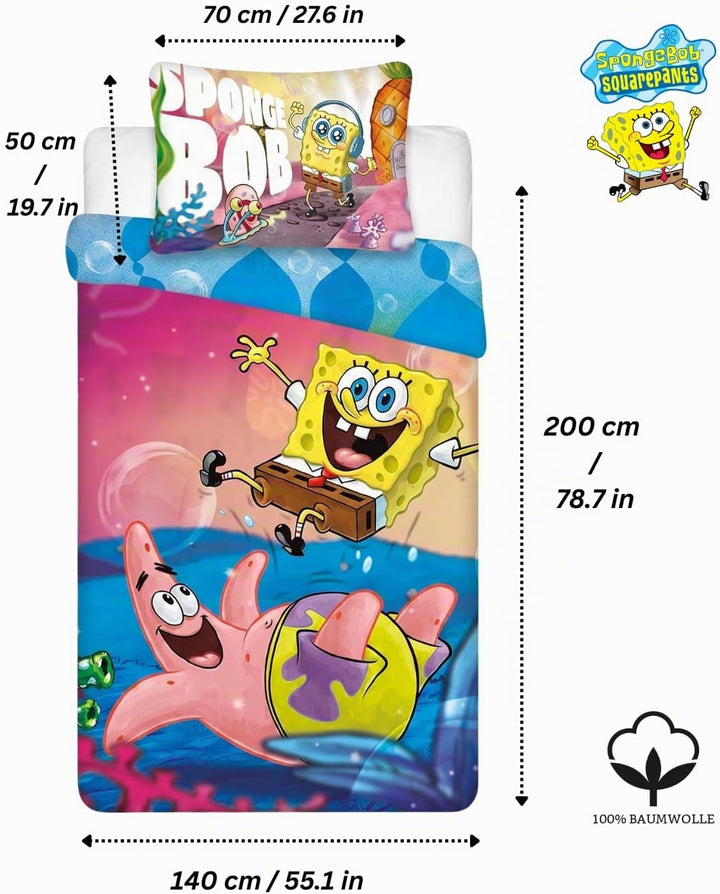 BrandMac Spongebob Schwammkopf Bettwäsche-Set für Kinderbetten | Einzelbett-Bettbezug 140x200 cm mit