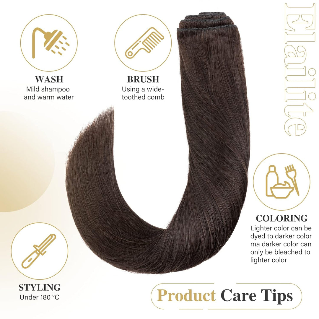 Elailite Echthaar Extensions Clip in 8 Tressen Voller Kopf 140g #2 Dunkelbraun, 45cm Haarverlängerun