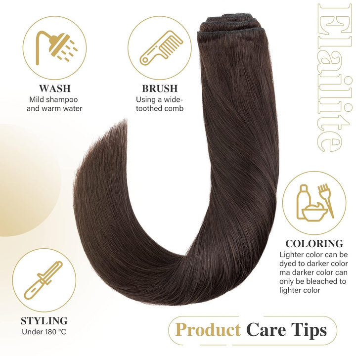 Elailite Extensions Echthaar Clip in 8 Tressen Voller Kopf #2 Dunkelbraun, Haarverlängerung Real Hum
