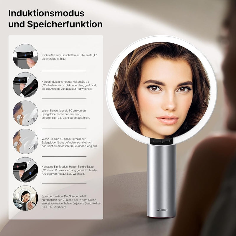 AMIRO 9" Schminkspiegel mit Beleuchtung, Smart Sensor & Touch-Steuerung, 3 Farben & 6 Helligkeiten,