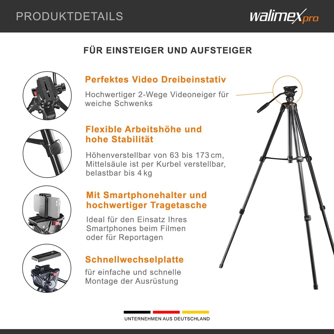 Walimex pro Videostativ mit Fluidkopf, Smartphone-Halterung &amp; Tasche I Advanced 173cm, leicht &amp; stab
