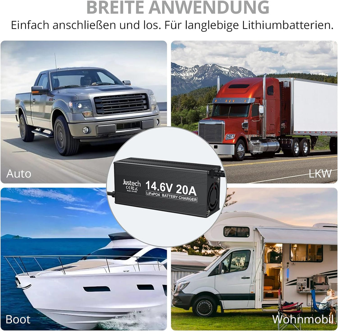 Justech 20A 14.6V Ladegerät für Lithium-Eisenphosphat (LiFePO4)-Batterien, Mit umfassendem Schutz fü