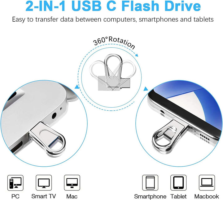 RAOYI USB C Stick 128GB Mini USB 3.0 & Type C 2-IN-1 OTG Flash Laufwerk Dual USB C Speicherstick Met