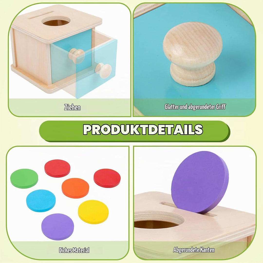 Adena Montessori Spielzeug ab 6 Monate – 2-in-1 Holz Münzbox &amp; Ballbox für Babys – Lernspielzeug zur