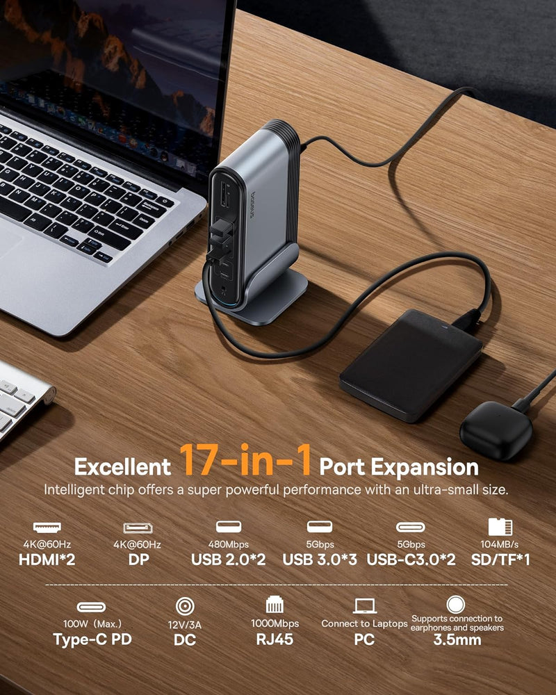 Baseus Docking Station USB C 3 Monitore 4K@60Hz [17 in 1] USB Hub Adapter mit 2 HDMI, DisplayPort, 3