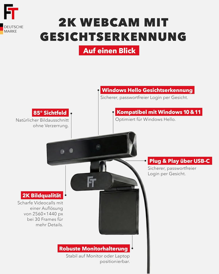 FeinTech FC200 2K Webcam Kamera 5MP für Windows Hello Gesichtserkennung, Webcam