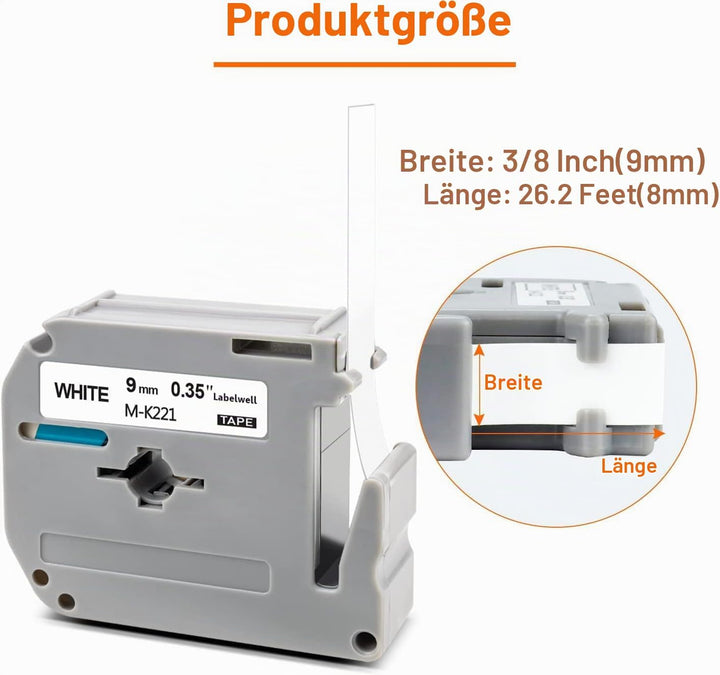 6x Labelwell kompatibel für Brother MK-221 9mm 3/8 White Ersatz für MK-221S MK221 MK221S Schriftband