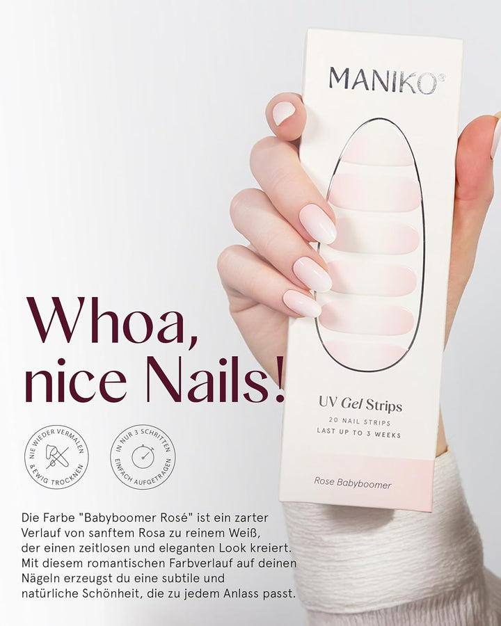 Maniko UV Gel Strip Komplettset Rose Babyboomer (Rosa Weiss) – UV Nagelsticker mit UV Lampe &amp; Remove