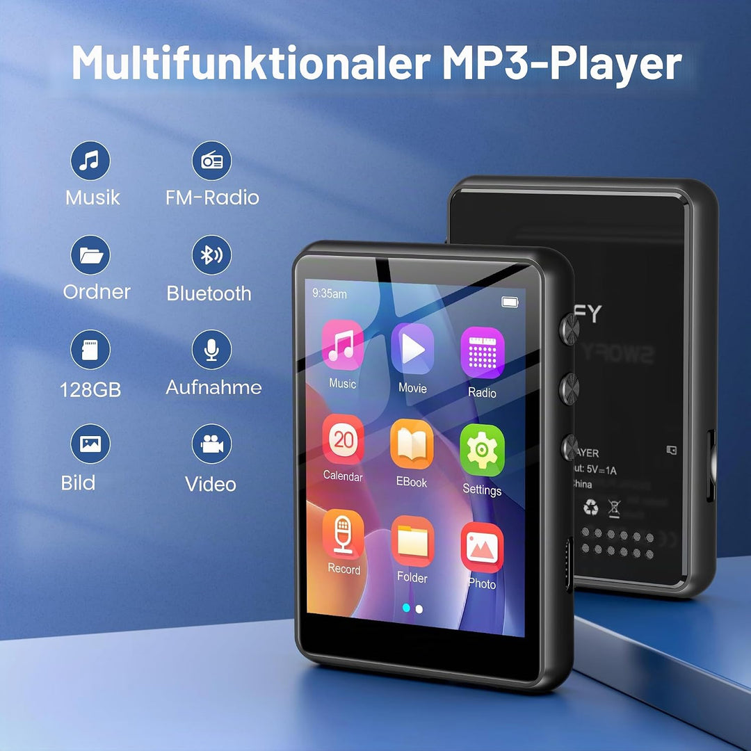 SWOFY 128GB SWOFY MP3 Player Bluetooth 5.3, 300 mAh Batterie，2.4 Zoll Touchscreen Mini Musik Player,