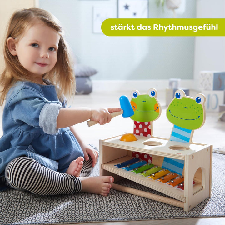 HABA 304271 - Klang-Klopfbank Froschkonzert, Klopfbank und Metallophon mit Kugel und Schlägel, Spiel