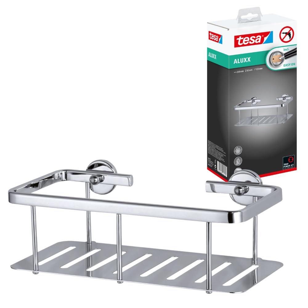 tesa ALUXX Duschablage, Aluminium, verchromt, garantiert rostfrei, inkl. Klebelösung, tiefer Boden,