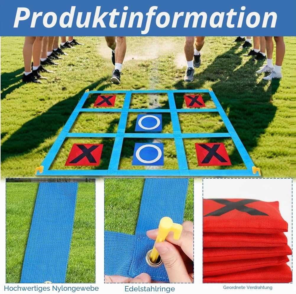 Riesiges Tic Tac Toe, 1,2m x 1,2m Outdoor Spielset Wurfspiel mit 10 Cornhole Säckchen Erwachsene & K