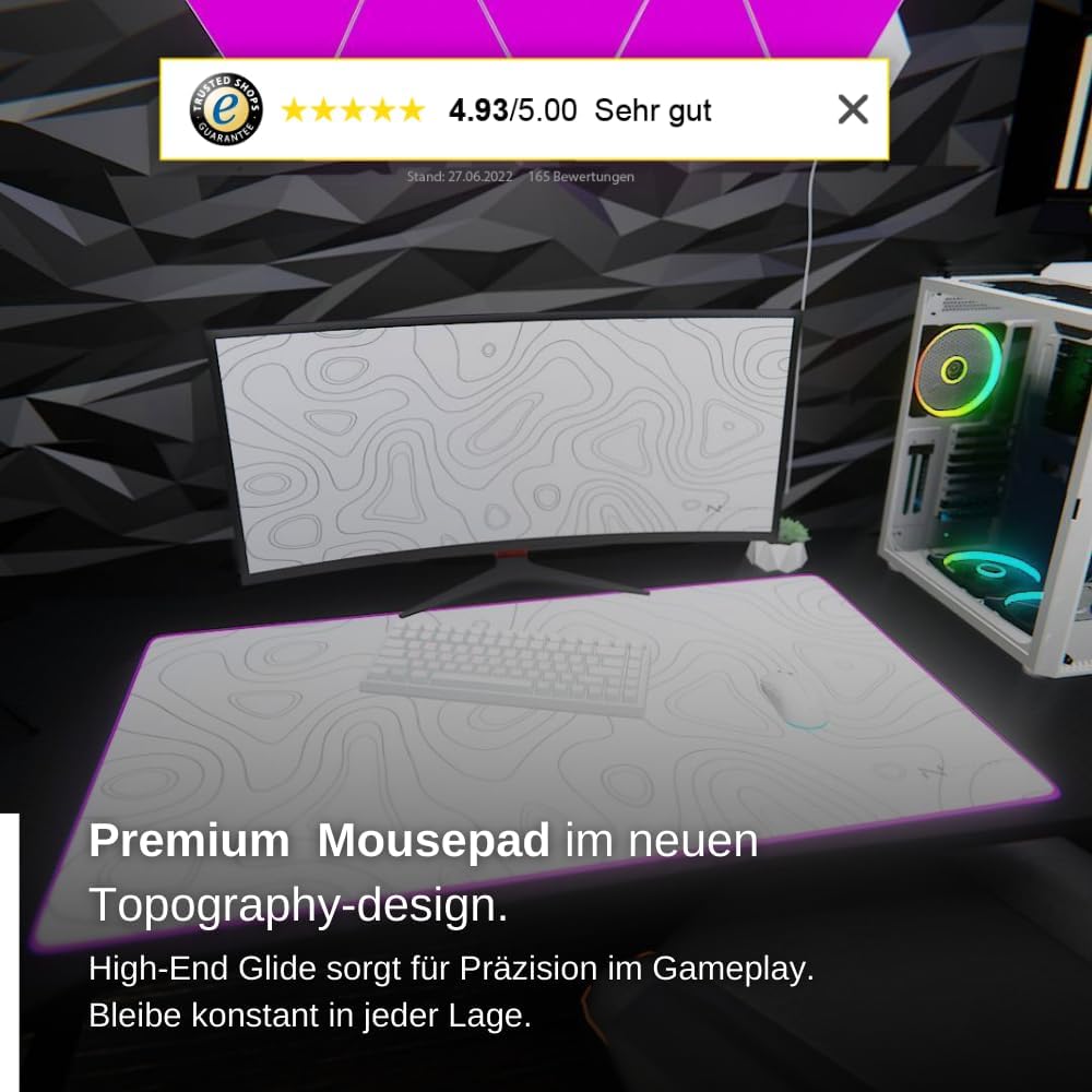 Nyfter - XXL Gaming Mauspad RGB White im Topography Design 900 x 500mm Premium Mousepad Size Gross v