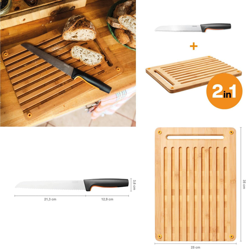 Fiskars Bambus Schneidebrett und Brotmesser, Functional Form, Bambus/Japanischer Edelstahl/Kunststof