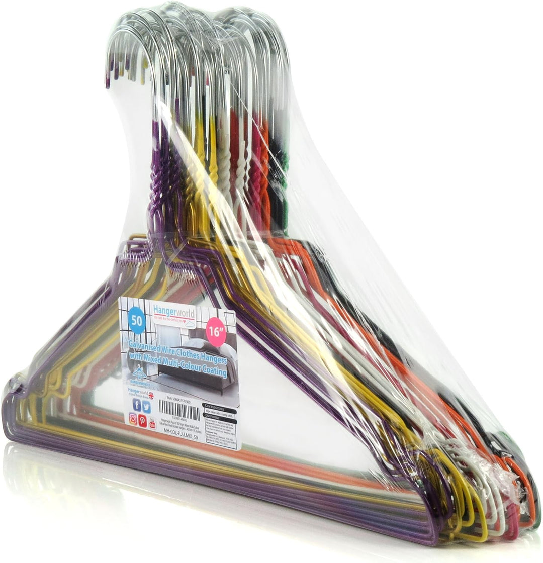 HANGERWORLD 50 Bunte Metall-Draht-Kleiderbügel 40 cm breit aus verzinktem Stahl mit farbenfroher Pul