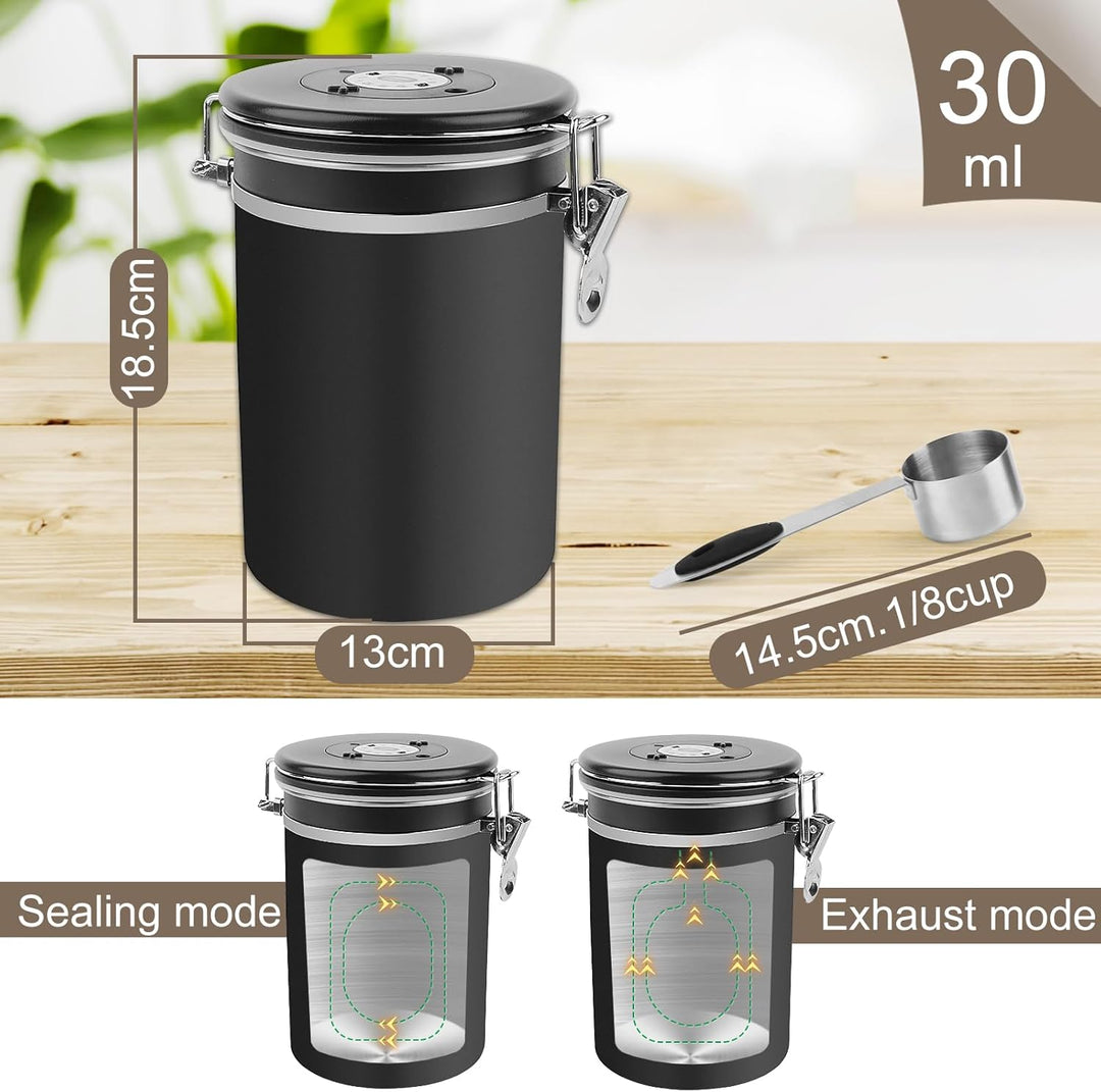 LWMTT Luftdichter Kaffeebehälter aus Edelstahl, 1,8L, mit Auslassventil, Vorratsdose für Kaffeebohne