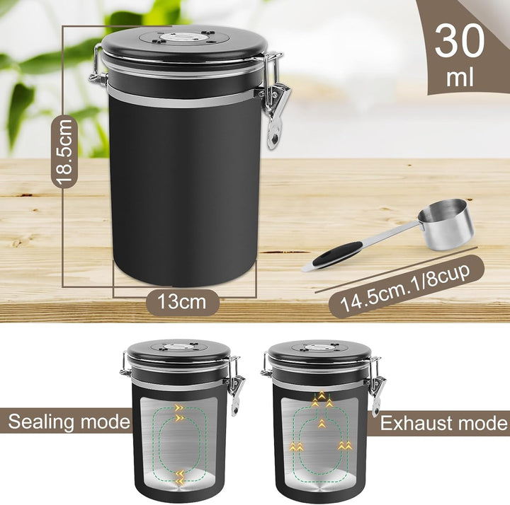 LWMTT Luftdichter Kaffeebehälter aus Edelstahl, 1,8L, mit Auslassventil, Vorratsdose für Kaffeebohne