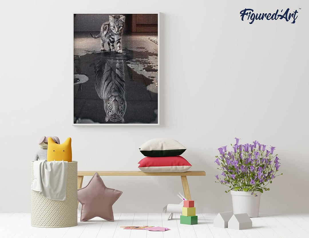 Figured'Art Diamond Painting Erwachsene 40x50cm Ganze Leinwand gerollt Katze und weisser Tiger 5D Bi