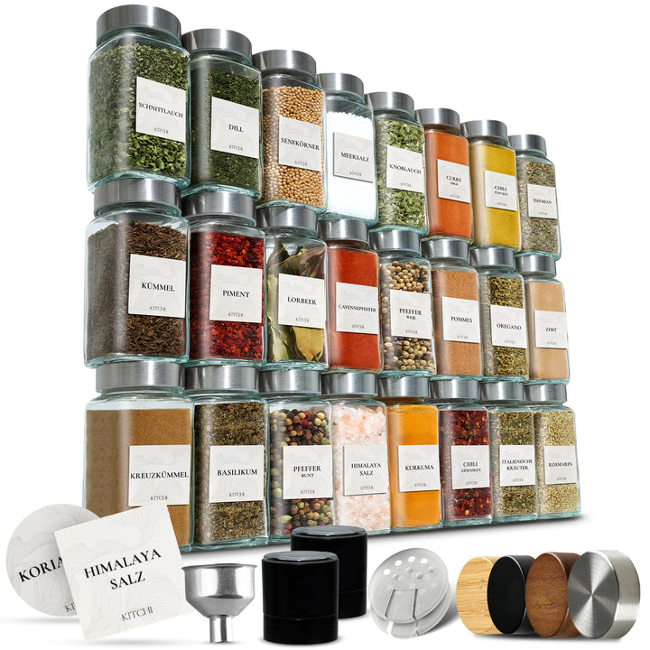 KITCHI Gewürzgläser 24er Set mit 2 Mühlen – Edelstahl Deckel – Eckige Form – 120 ml - luftdicht Silb