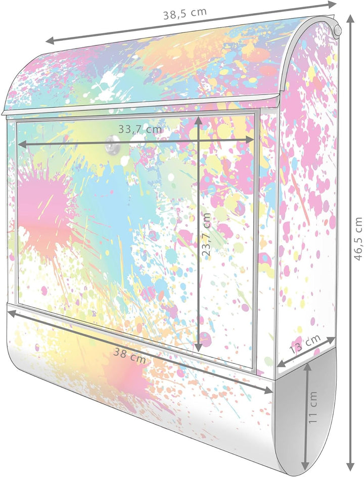 banjado® Design Briefkasten mit Motiv Farbspritzer 39x47x14cm &amp; 2 Schlüssel - Briefkasten Stahl Silb