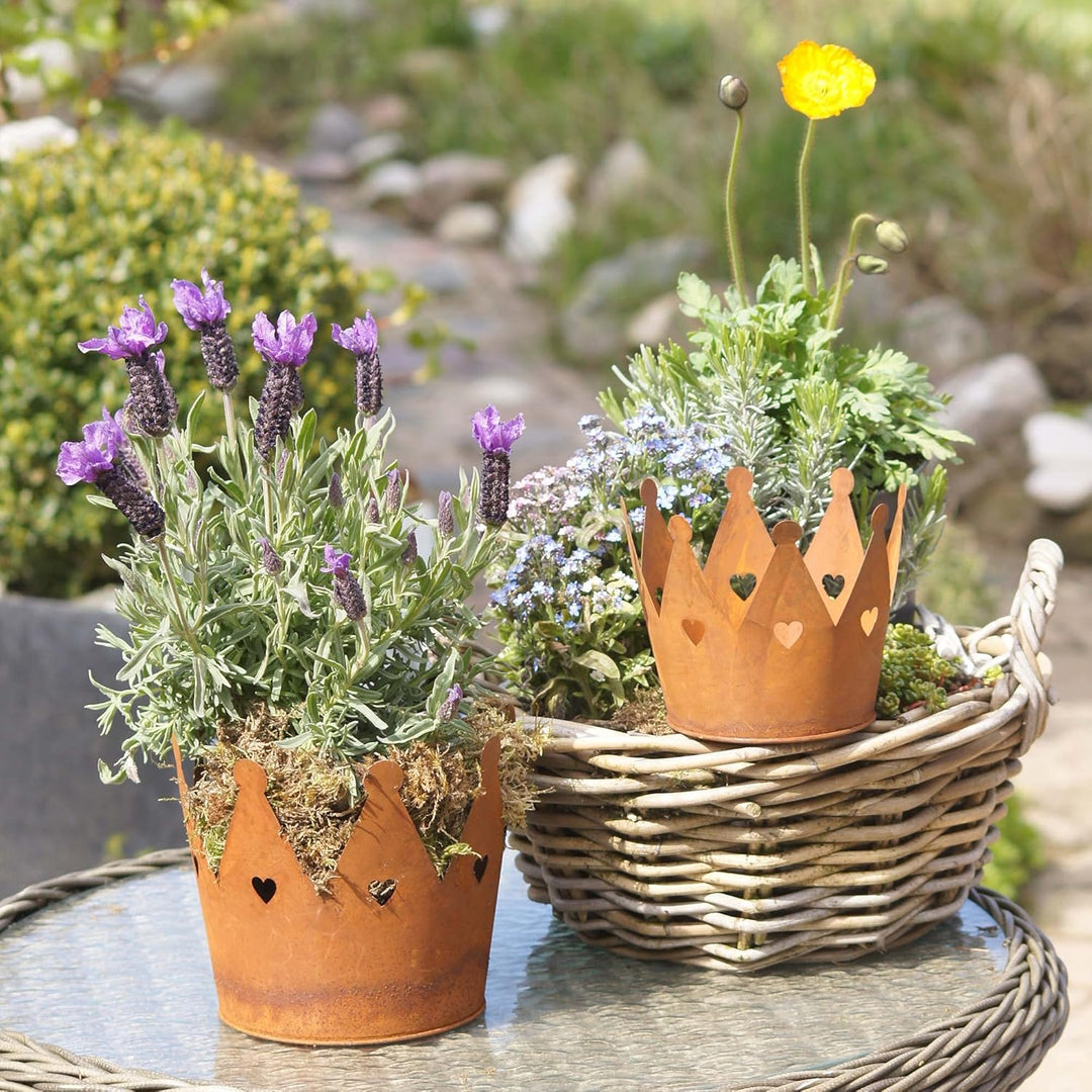 UNUS Krone Rost mit Herzen, Gartendeko Rostoptik, Edelrostrost Deko für Garten, Terrasse Balkon Blum