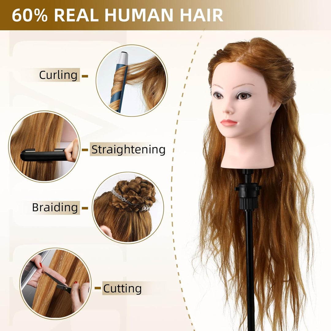 Frisierkopf Echthaar 60% Friseur Übungskopf Frisieren Trainingsköpfe für Friseure Ausbildung Kopf Mi