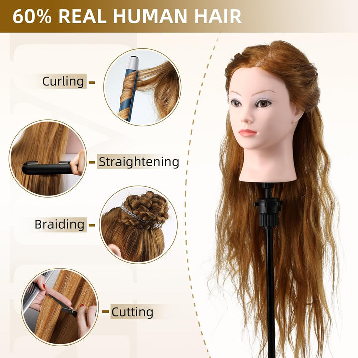 Frisierkopf Echthaar 60% Friseur Übungskopf Frisieren Trainingsköpfe für Friseure Ausbildung Kopf Mi