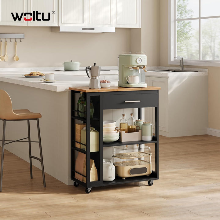 WOLTU Küchenwagen mit Arbeitsplatte, Servierwagen mit Rollen, Rollwagen mit Schublade offenen Ablage