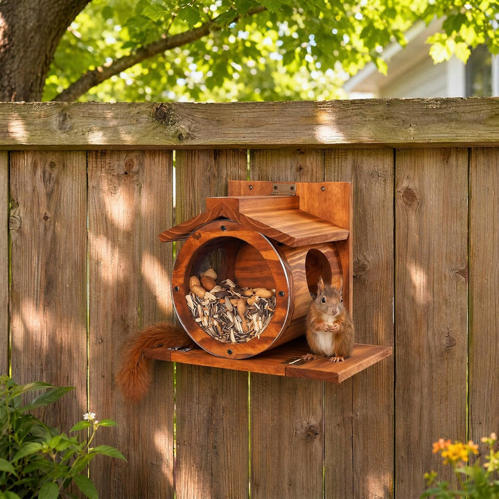 Eichhörnchen Futterhaus Wetterfest aus Holz mit Runden Transparentes Fenster, Eichhörnchen Futtersta