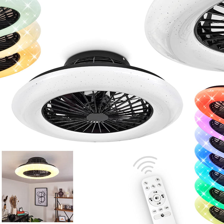 LED Deckenventilator Piraeus, Deckenlampe mit Ventilator aus Metall/Kunststoff mit Sternenhimmel-Opt