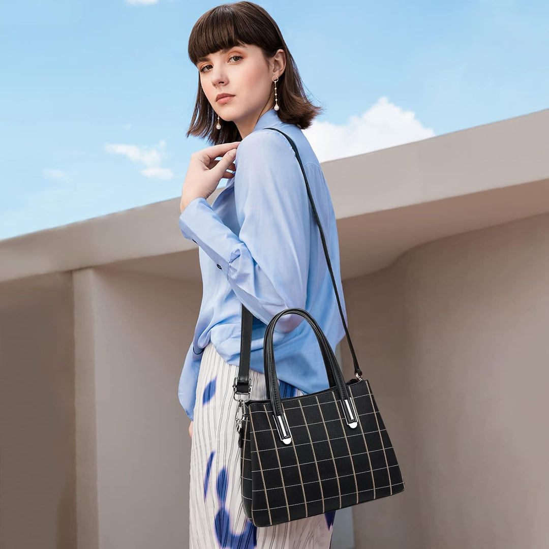 NICOLE & DORIS Damen Handtasche Mittelgross Elegant Handtaschen Karierte Tasche PU Leder Schultertas