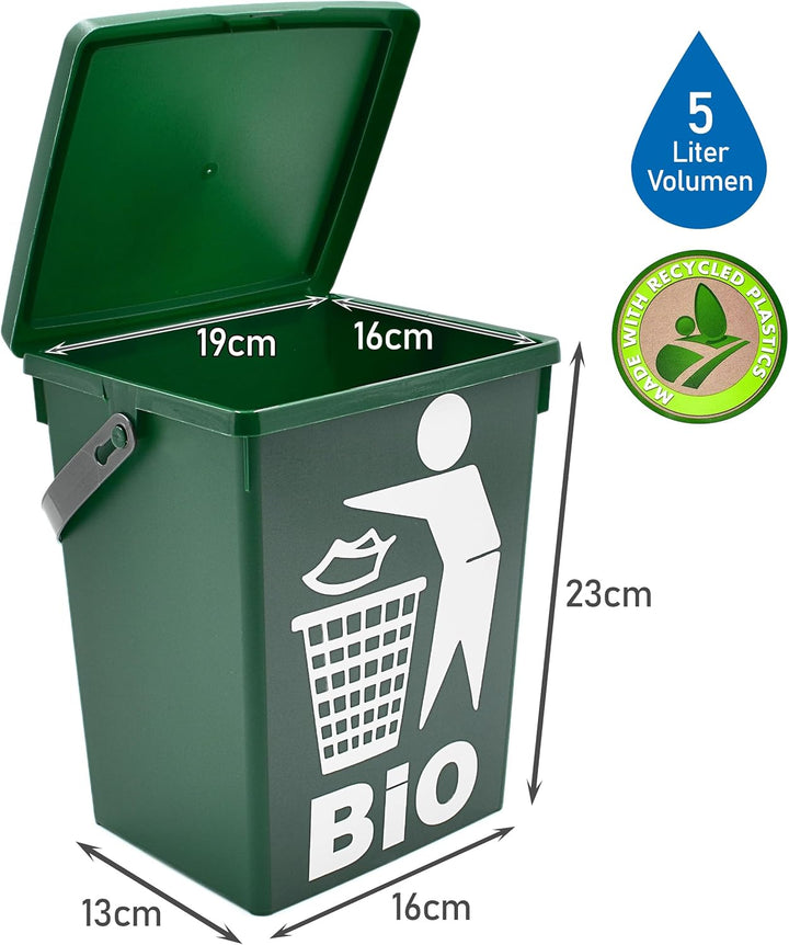 2er Set Bio Mülleimer 5L - Biomüll Behälter mit Deckel - Grün - Bioeimer klein für Küche - Abfalleim