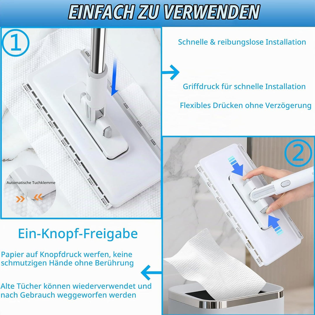 2-in-1 Wischmopp mit Druck-Klemm-System, 1-Knopf Wechsel Snap Grip Mini Mop mit 3 Mikrofasertücher,