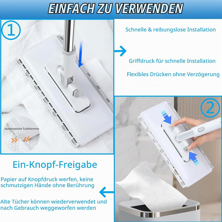 2-in-1 Wischmopp mit Druck-Klemm-System, 1-Knopf Wechsel Snap Grip Mini Mop mit 3 Mikrofasertücher,
