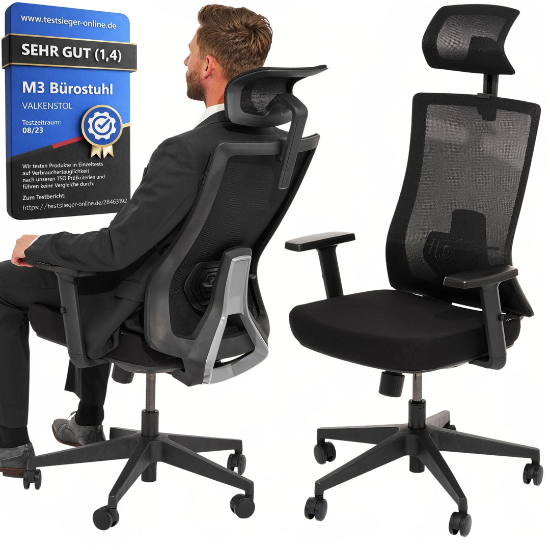 VALKENSTOL M3 Ergonomischer Bürostuhl 150 kg – [Höhenverstellbare Lordosenstütze] Schreibtischstuhl