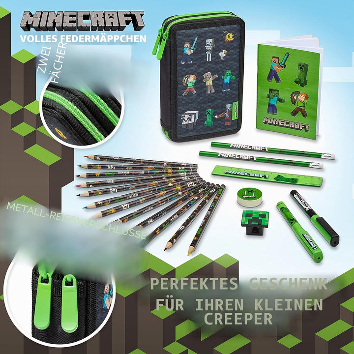 Minecraft Federmäppchen Jungen und Mädchen Mäppchen Gefüllt Creeper Federmappe mit Schreibwaren Game
