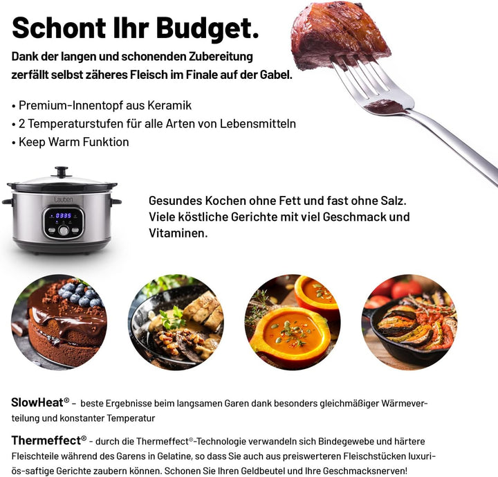 Lauben Slow Cooker 3500SB Schongarer mit Thermeffect®-Technologie, SlowHeat®-Technologie, Kochbuch,