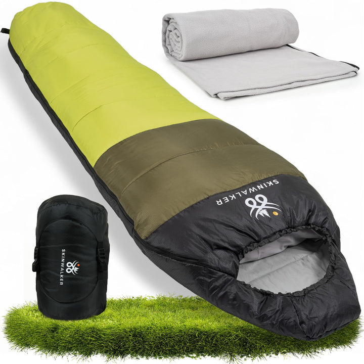 SKINWALKER Schlafsack 3-4 Jahreszeiten mit [abnehmbaren Innenfleece] [Kleines Packmass & Ultraleicht